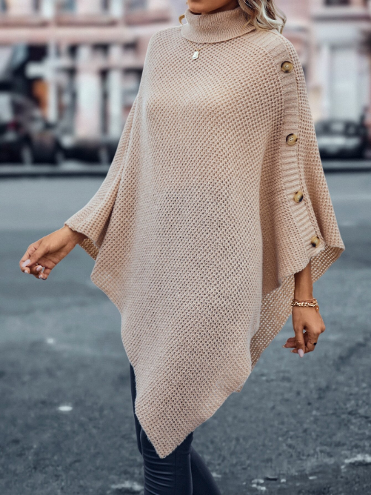 LUNE Turtleneck Batwing Sleeve Asymmetrical Hem Knit Poncho