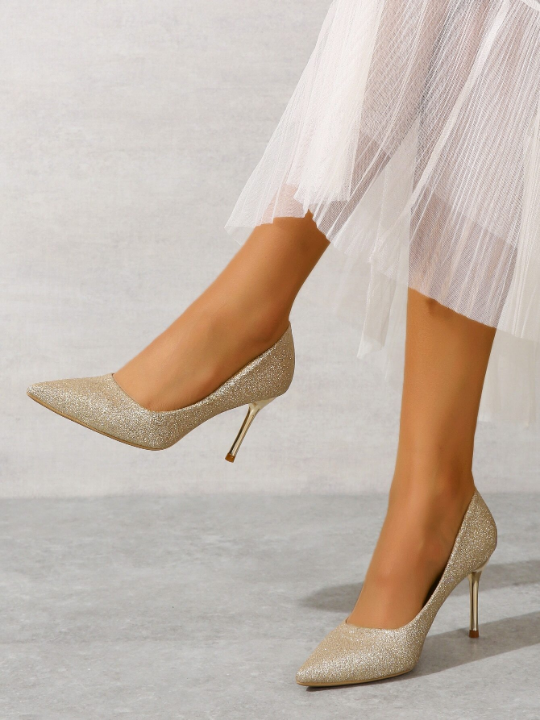 Glamorous Gold Court Pumps For Women, Glitter Point Toe Stiletto Heeled Pumps