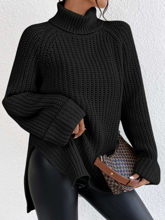 Frenchy Turtleneck Raglan Sleeve Split Hem Sweater