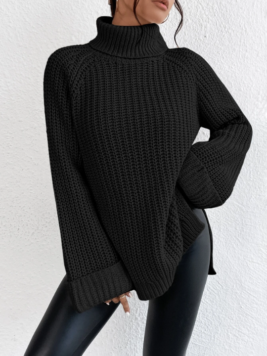 Frenchy Turtleneck Raglan Sleeve Split Hem Sweater