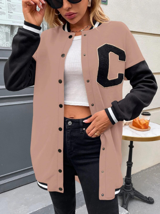 Letter Patched Colorblock Drop Shoulder Varsity Jacket