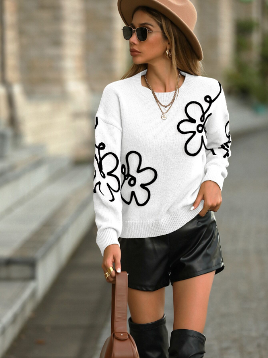 LUNE Floral Pattern Drop Shoulder Sweater