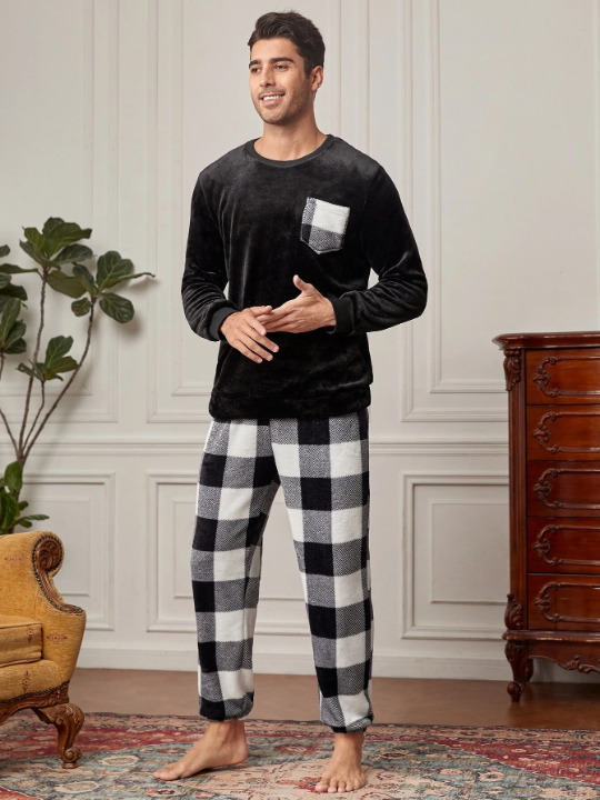 Men Buffalo Plaid Patched Pocket PJ Set