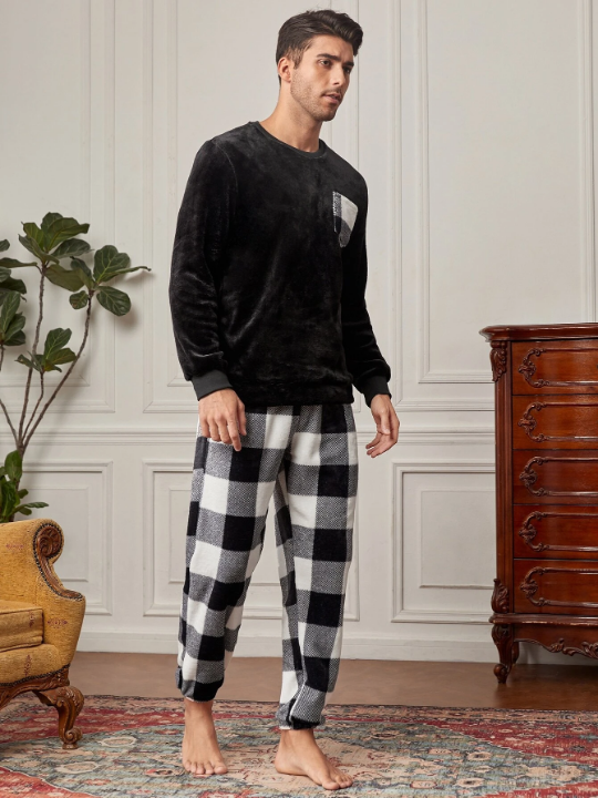 Men Buffalo Plaid Patched Pocket PJ Set