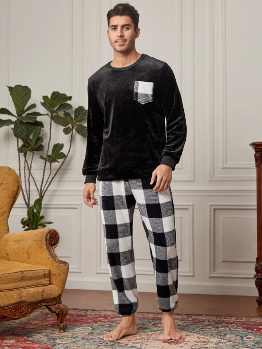 Men Buffalo Plaid Patched Pocket PJ Set