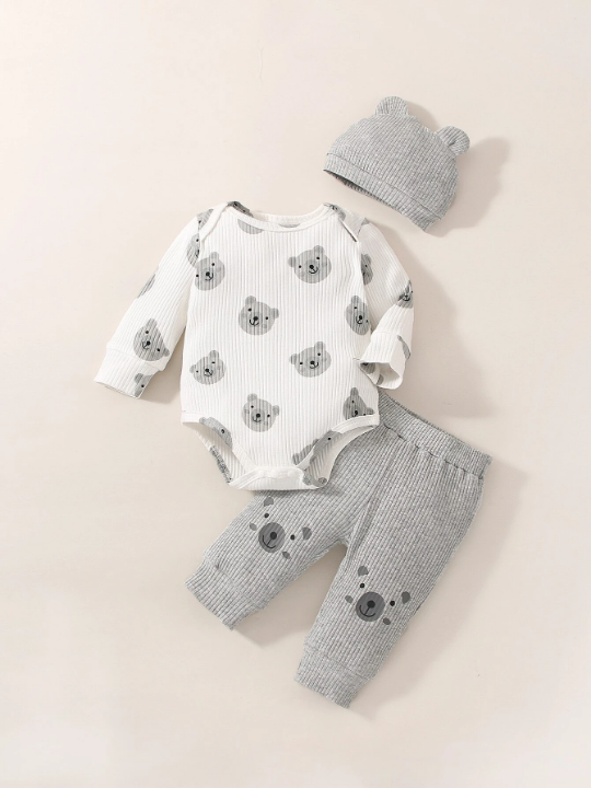 Newborn Baby Boy Cartoon Graphic Bodysuit & Pants & Hat