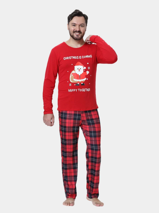 Men 1pc Christmas Print Sleep Top & 1pc Plaid Sleep Pants