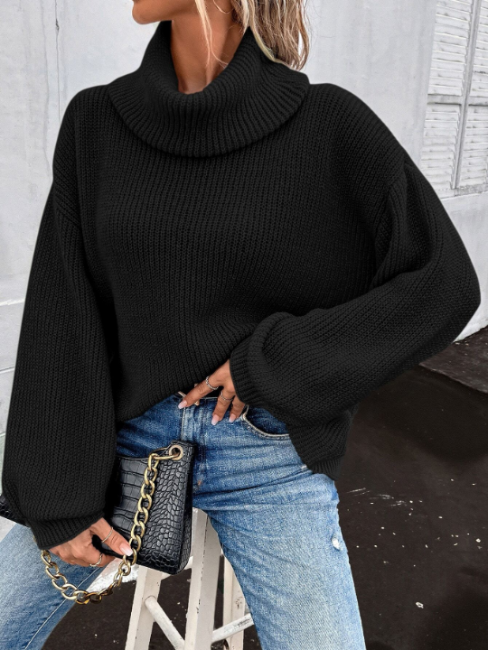 LUNE Turtleneck Bishop Sleeve Ribbed Knit Sweater