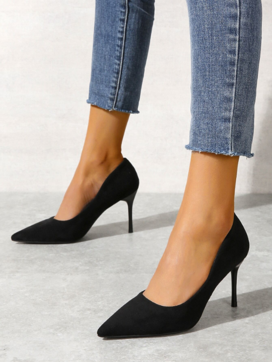 Minimalist Point Toe Stiletto Heeled Faux Suede Court Pumps, Black Elegant Solid Color High Heels