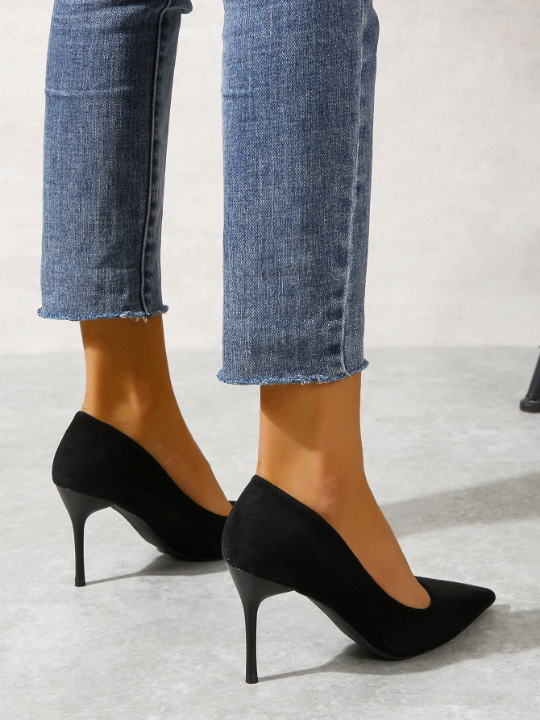 Minimalist Point Toe Stiletto Heeled Faux Suede Court Pumps, Black Elegant Solid Color High Heels