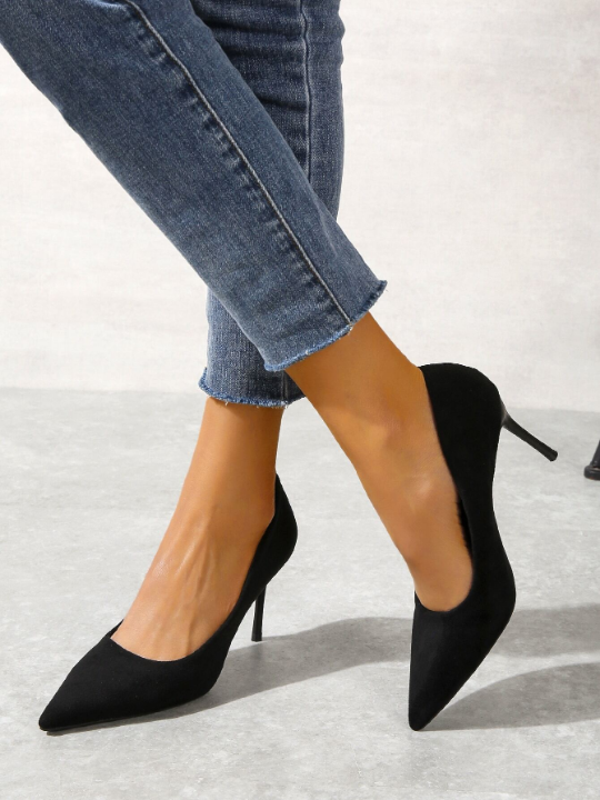 Minimalist Point Toe Stiletto Heeled Faux Suede Court Pumps, Black Elegant Solid Color High Heels