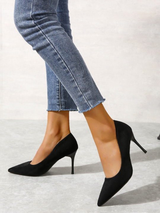 Minimalist Point Toe Stiletto Heeled Faux Suede Court Pumps, Black Elegant Solid Color High Heels