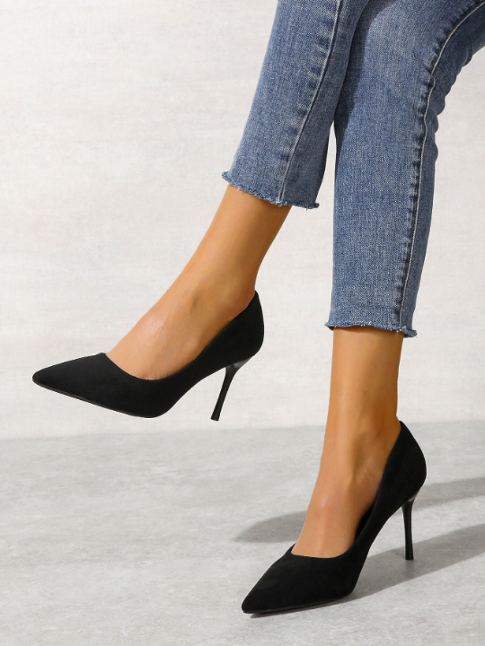 Minimalist Point Toe Stiletto Heeled Faux Suede Court Pumps, Black Elegant Solid Color High Heels