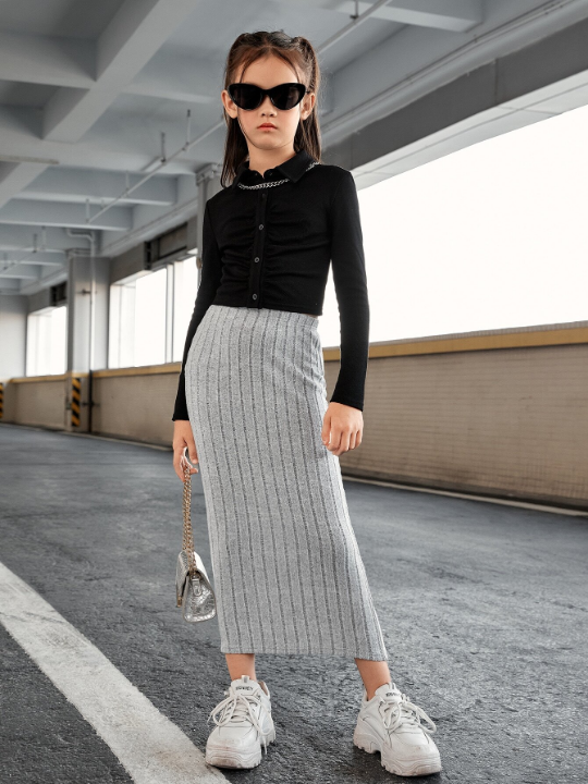 Tween Girl Casual High Waisted Solid Color Knitted Skirt With Ribs Details