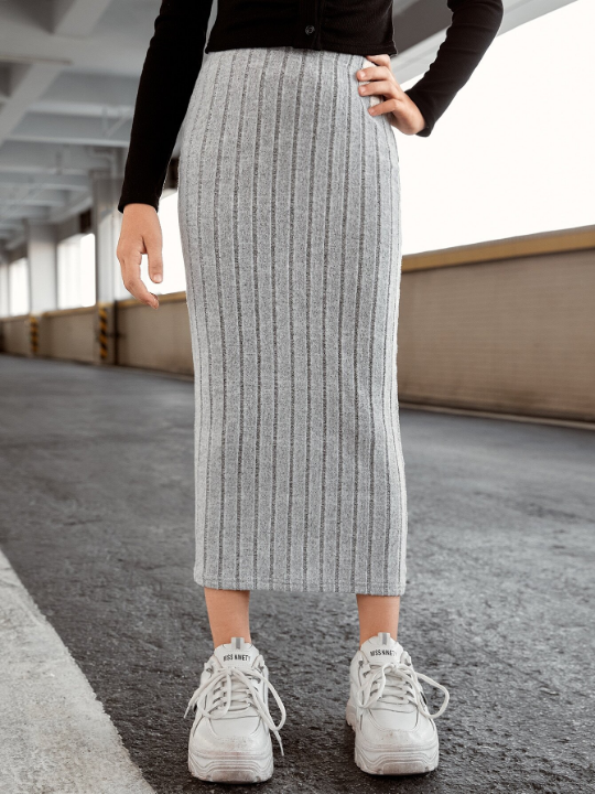 Tween Girl Casual High Waisted Solid Color Knitted Skirt With Ribs Details