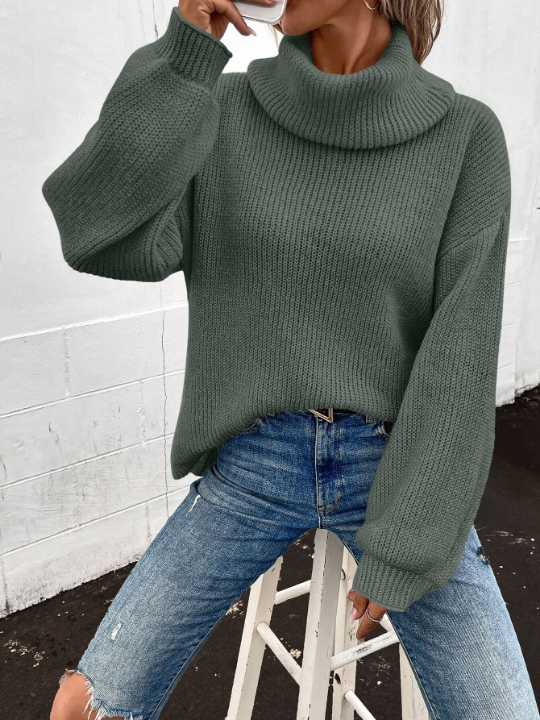 LUNE Turtleneck Bishop Sleeve Ribbed Knit Sweater