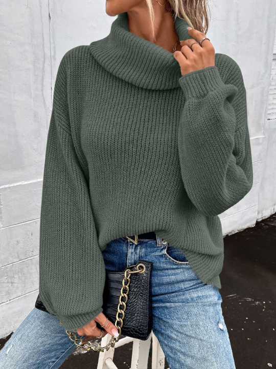 LUNE Turtleneck Bishop Sleeve Ribbed Knit Sweater