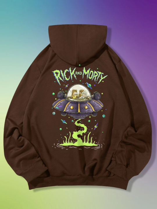 Rick and Morty | ROMWE Guys Letter Cartoon Graphic Kangaroo Pocket Drawstring Hoodie