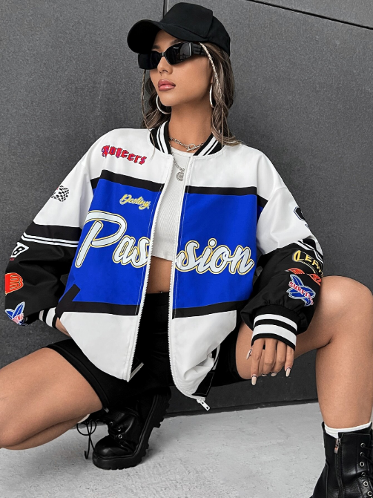 Coolane Letter Graphic Colorblock Drop Shoulder Bomber Jacket