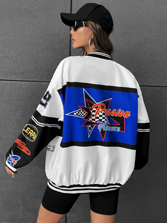 Coolane Letter Graphic Colorblock Drop Shoulder Bomber Jacket