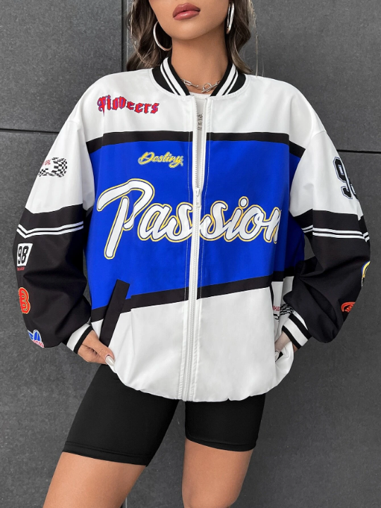 Coolane Letter Graphic Colorblock Drop Shoulder Bomber Jacket