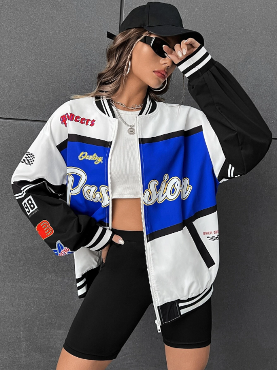 Coolane Letter Graphic Colorblock Drop Shoulder Bomber Jacket