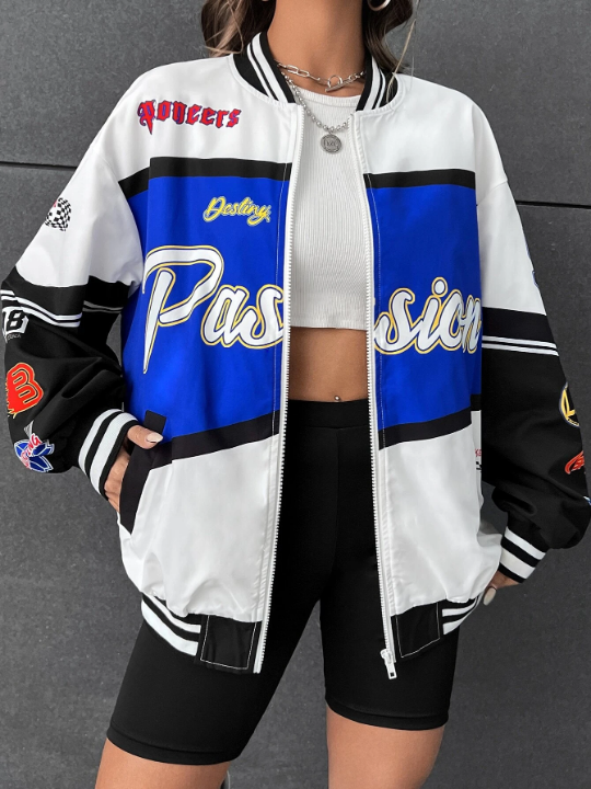 Coolane Letter Graphic Colorblock Drop Shoulder Bomber Jacket