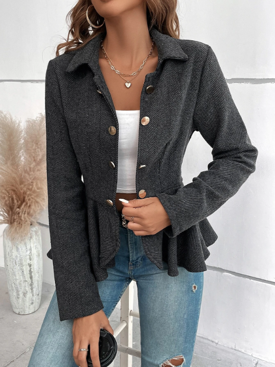 Herringbone Peplum Hem Coat