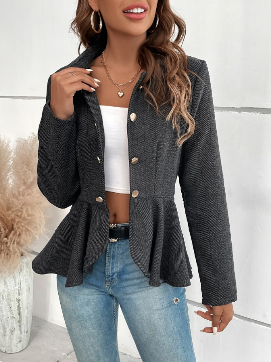 Herringbone Peplum Hem Coat