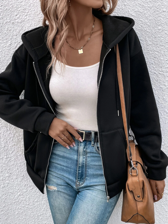 Frenchy Drop Shoulder Drawstring Zipper Hooded Jacket