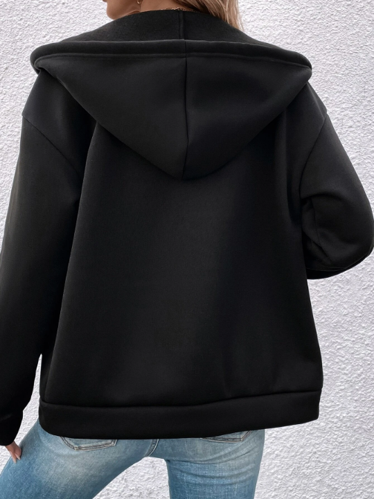 Frenchy Drop Shoulder Drawstring Zipper Hooded Jacket