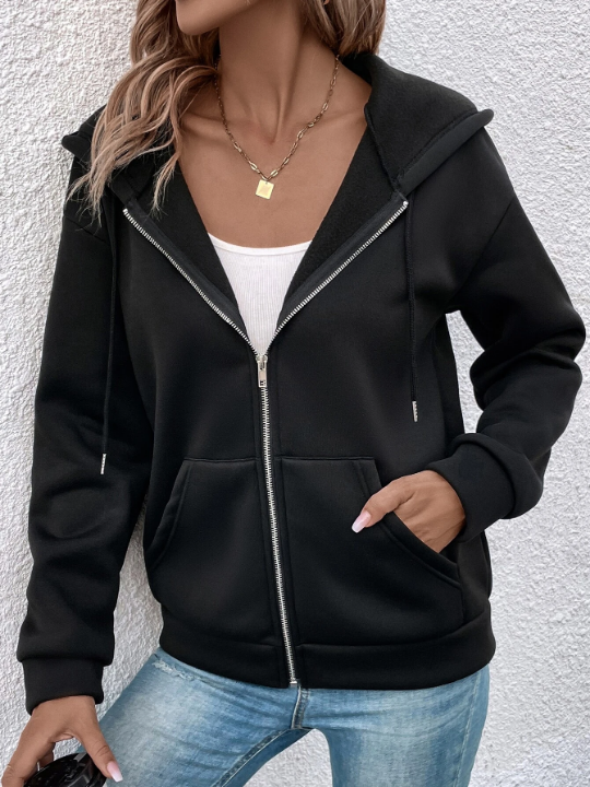 Frenchy Drop Shoulder Drawstring Zipper Hooded Jacket