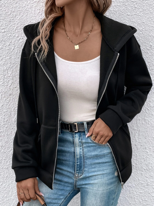 Frenchy Drop Shoulder Drawstring Zipper Hooded Jacket