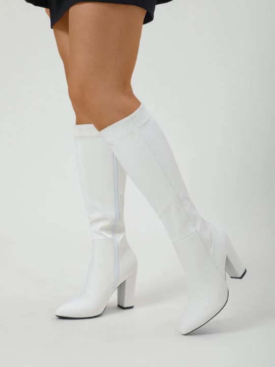 Textured Zipper Side Point Toe Chunky Heeled Classic Boots, White Elegant Pure Color Classic Boots