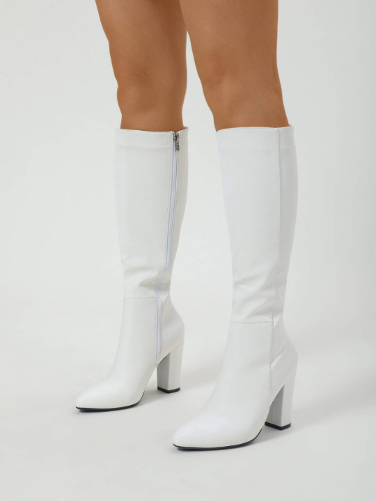 Textured Zipper Side Point Toe Chunky Heeled Classic Boots, White Elegant Pure Color Classic Boots