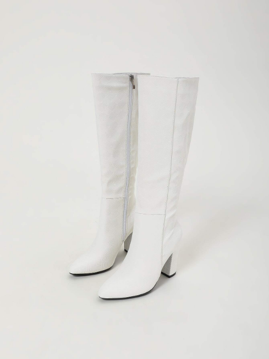 Textured Zipper Side Point Toe Chunky Heeled Classic Boots, White Elegant Pure Color Classic Boots