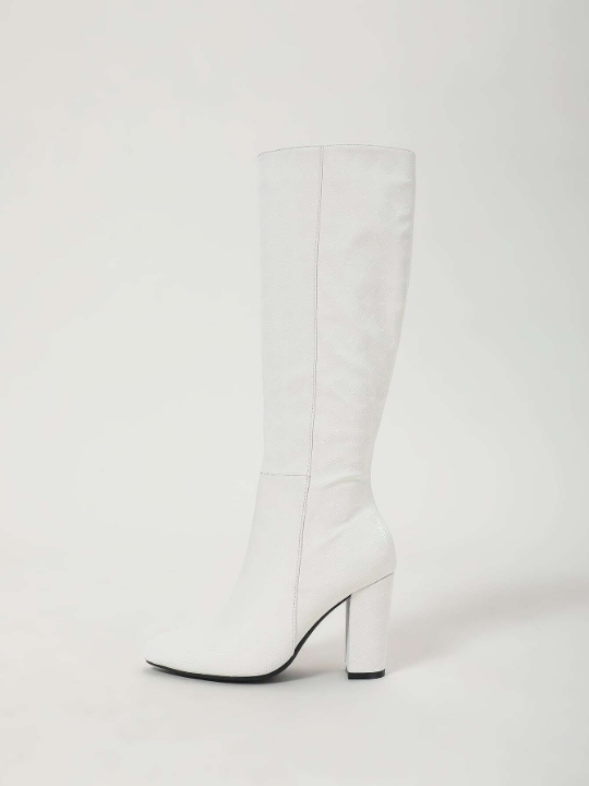 Textured Zipper Side Point Toe Chunky Heeled Classic Boots, White Elegant Pure Color Classic Boots