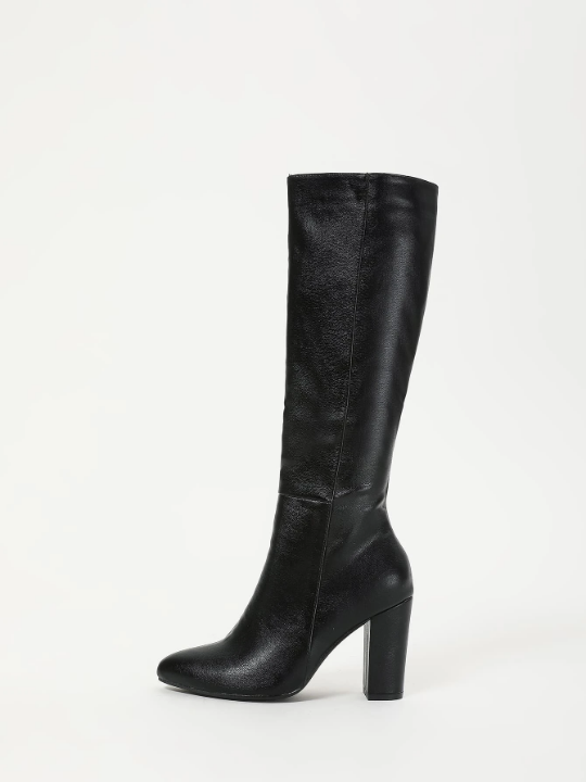 Zipper Side Point Toe Chunky Heeled Classic Boots, Black Elegant Solid Classic Boots