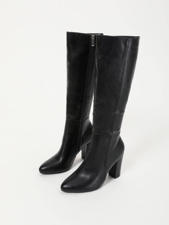 Zipper Side Point Toe Chunky Heeled Classic Boots, Black Elegant Solid Classic Boots