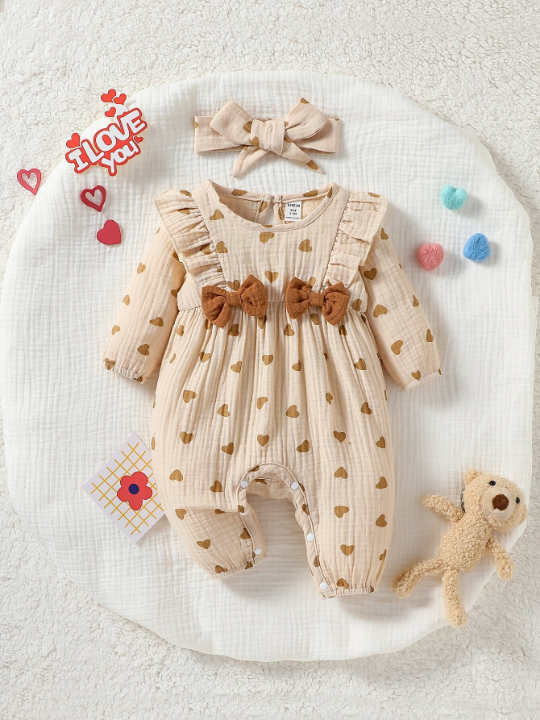 Baby Girl Heart Print Ruffle Trim Bow Front Jumpsuit With Headband