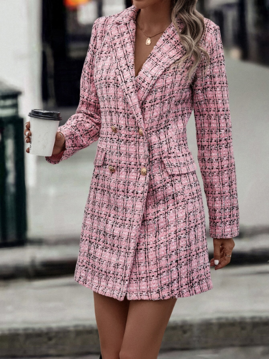 Plaid Pattern Double Breasted Tweed Overcoat