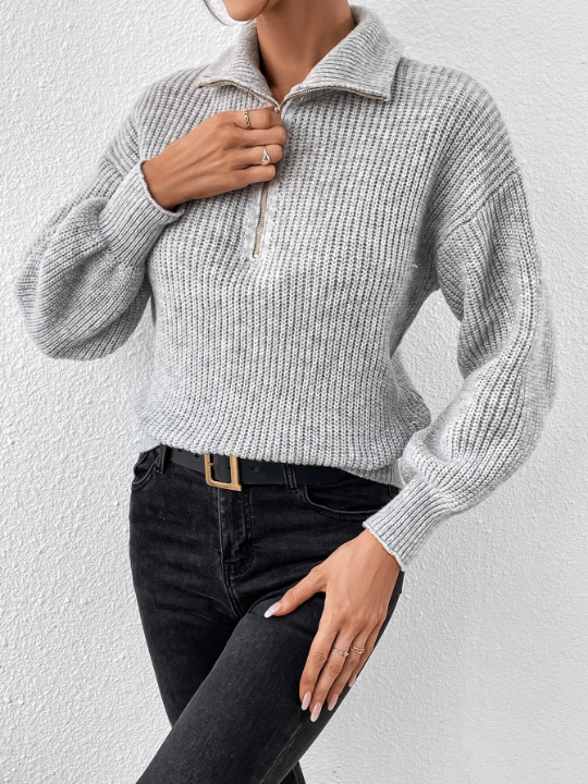 Frenchy Quarter Zip Drop Shoulder Jacquard Grain Sweater