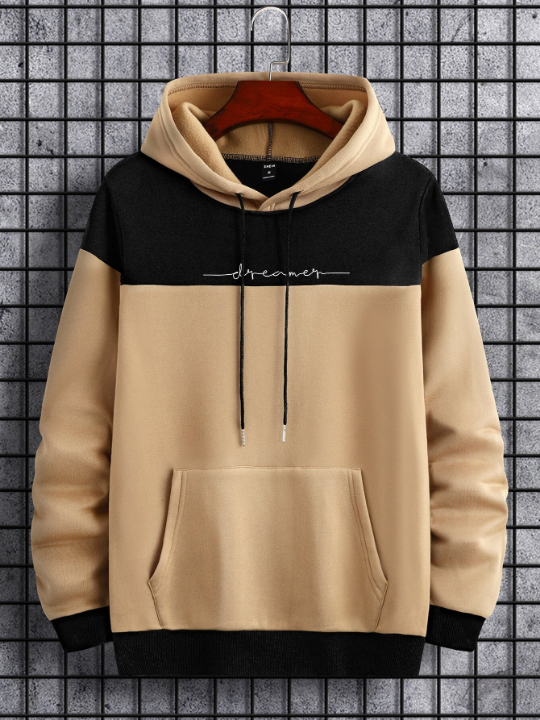 Manfinity Homme Men Two Tone Letter Graphic Kangaroo Pocket Drawstring Thermal Lined Hoodie