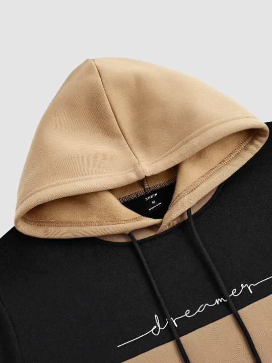 Manfinity Homme Men Two Tone Letter Graphic Kangaroo Pocket Drawstring Thermal Lined Hoodie