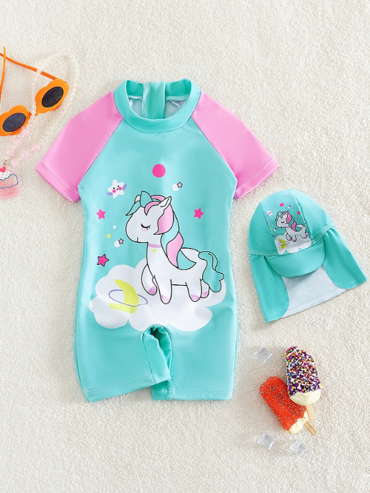 Baby Girl Cartoon Graphic Raglan Sleeve One Piece Swimsuit & Swim Cap