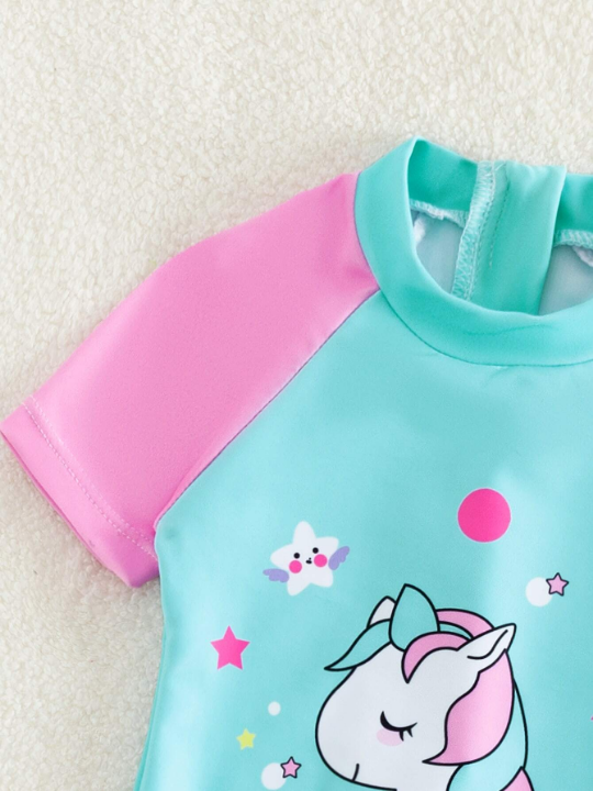 Baby Girl Cartoon Graphic Raglan Sleeve One Piece Swimsuit & Swim Cap