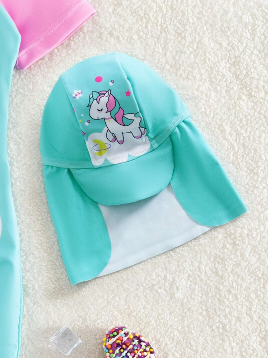 Baby Girl Cartoon Graphic Raglan Sleeve One Piece Swimsuit & Swim Cap