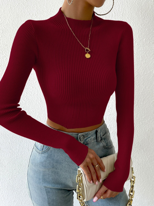 Essnce Mock Neck Rib-knit Crop Sweater