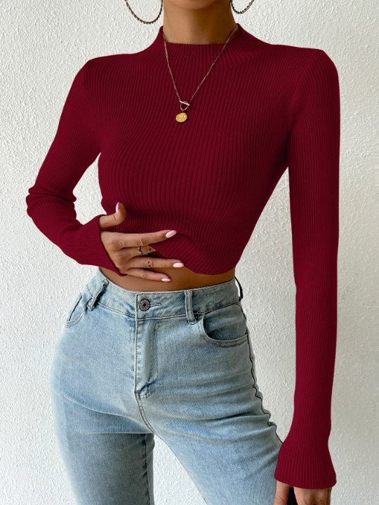 Essnce Mock Neck Rib-knit Crop Sweater