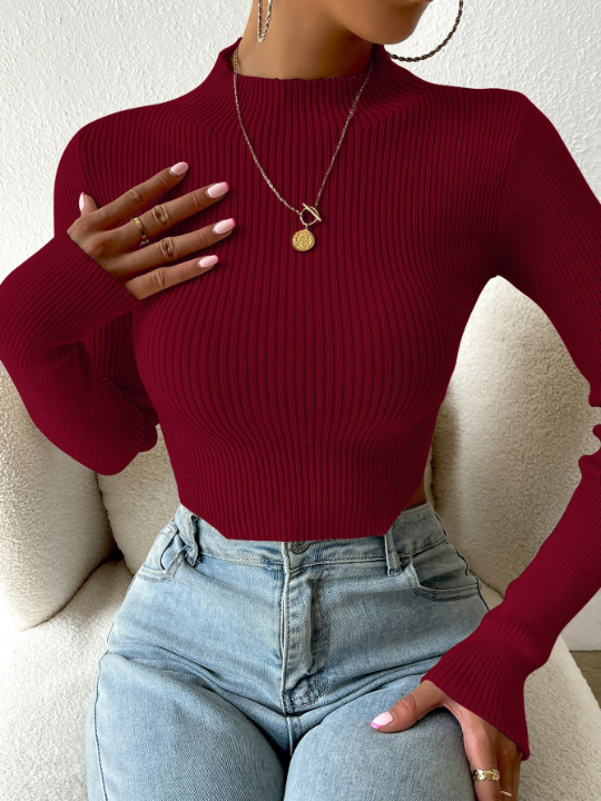 Essnce Mock Neck Rib-knit Crop Sweater